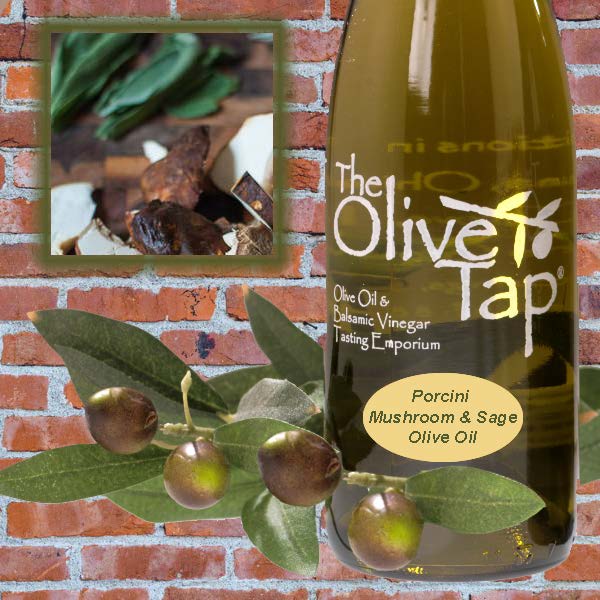 Bottle of Olive Oil with Porcini Mushrooms and Sage Surrounded by Olives